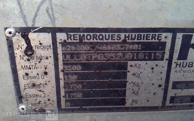 HUBIERE REMORQUE PORTE ENGIN – PTAC 3,5T – CU 2,75 T –  EV-155-CS