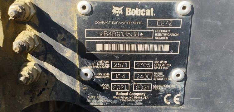BOBCAT MINI PELLE SUR CHENILLE E27Z DIESEL 2T7 HORAMETRE : 1205 HEURES – ANNEE 2021  13538