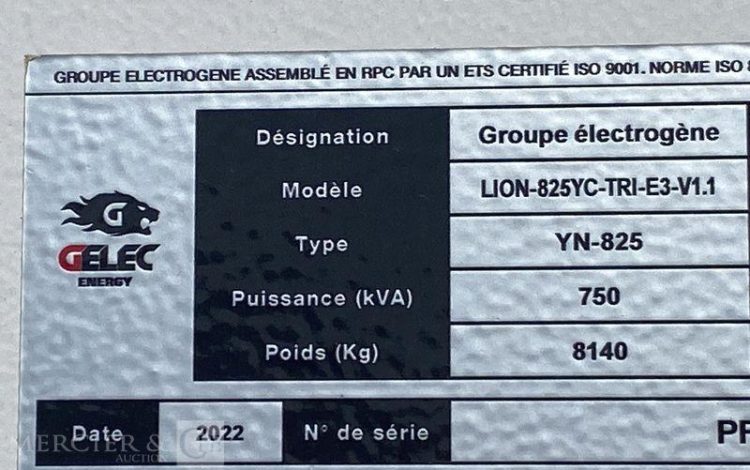 GELEC ENERGY GROUPE ELECTROGENE LION 825YC DIESEL 750KVA – 600KW – 1083A – ANNEE 2022  2001950
