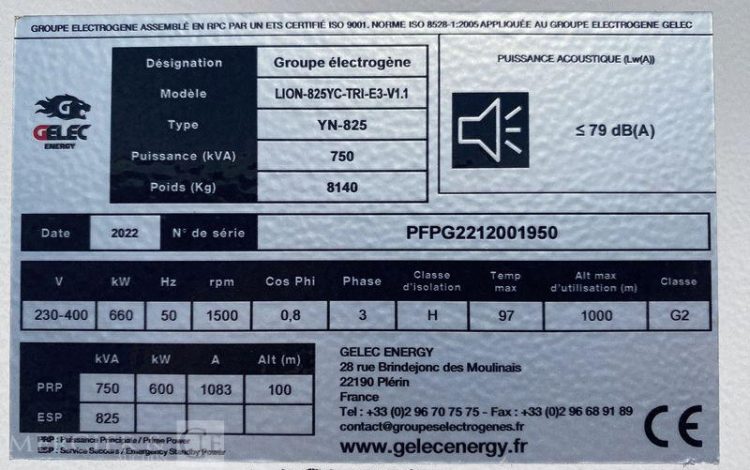 GELEC ENERGY GROUPE ELECTROGENE LION 825YC DIESEL 750KVA – 600KW – 1083A – ANNEE 2022  2001950