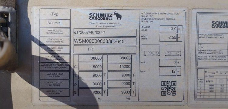 SCHMITZ SEMI REMORQUE BACHEE SCB S3T AVEC HAYON – 3 ESSIUEUX – PTAC 38 TONNES – AN 2021  FZ-756-BZ
