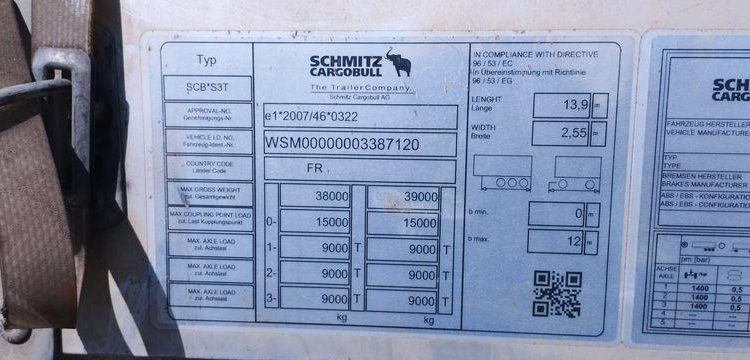 SCHMITZ SEMI REMORQUE SCB S3T06 PLSC 3 ESSIEUX – PTAC 38 TONNES – ANNEE  GF-278-VL