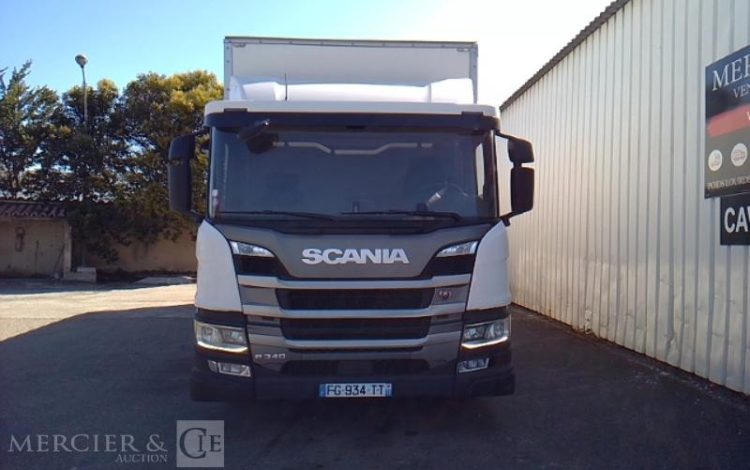 SCANIA PORTEUR P340 CAISSE HAYON GNC 2 ESSIEUX PTAC 19T BLANC FG-934-TT