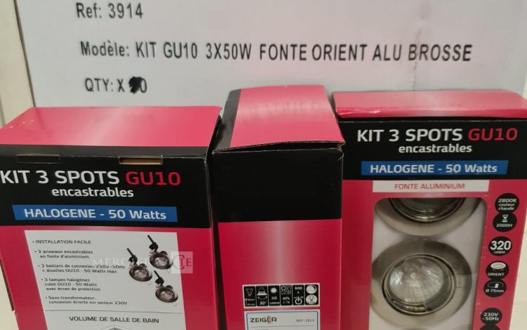 Autre Lot de 10 boites de kit 3 spots GU10 encastrable , halogene-50Watts , fonte alum  300