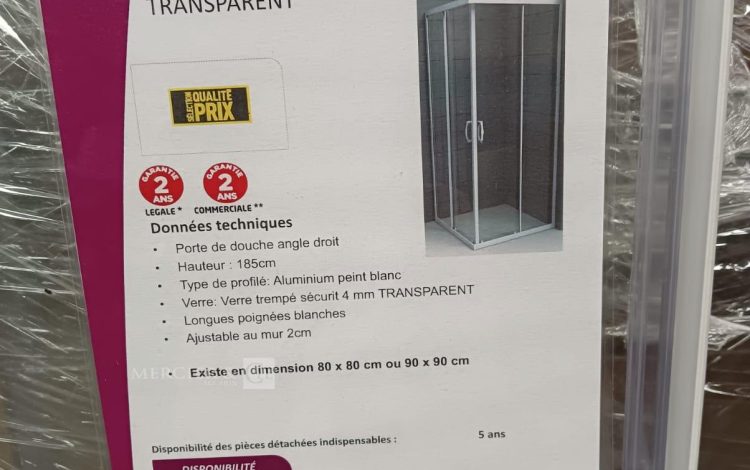 autre Angle de douche 4mm transparent ,Dimensions :  80cm x80cm hauteur 185cm , profil  651