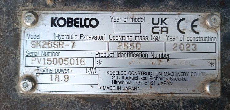 KOBELCO MINIPELLE SK26SR-7 SUR CHENILLE DIESEL 2,6 TONNES  – 296 HEURES – ANNEE 2023  5016