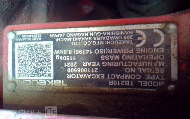 TAKEUCHI MINI PELLE TB 210R 1T150 927H AN2021  6500