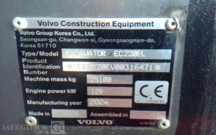 VOLVO PELLE EXCAVATOR EC220EL 25T + BLINDAGE ACIER 687H OR 316471
