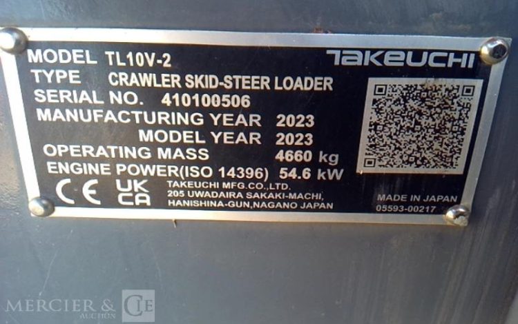 TAKEUCHI CHARGEUR TL10V-2  + GODET + TABLIER FOURCHE 175H AN2023 GRIS 62024