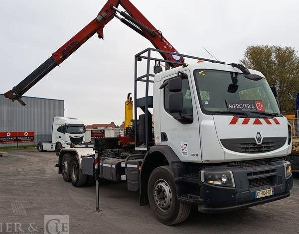 RENAULT PREMIUM LANDER 380 DXI 6X2 AVEC GRUE HMF ET BRAS AMPLIROLL MARREL – 239076 KMS BLANC CT-994-DY