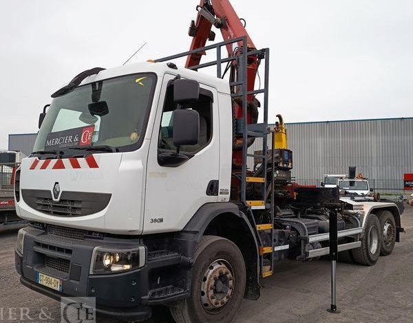 RENAULT PREMIUM LANDER 380 DXI 6X2 AVEC GRUE HMF ET BRAS AMPLIROLL MARREL – 239076 KMS BLANC CT-994-DY