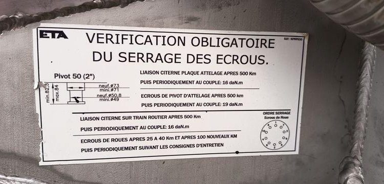 ETA SEMI REMORQUE SR3A CITERNE ALIMENTAIRE 3 ESSIEUX – PTAC : 38 TONNES – ANNEE 2016  EF-194-WZ