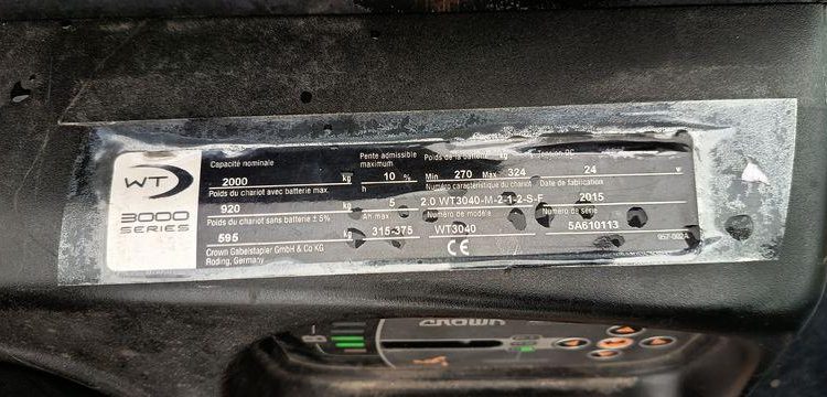CROWN TRANSPALETTE ELECTRIQUE AUTOPORTE WT3040 – CAPACITE NOMINALE : 2 TONNES – 2396 H  10113