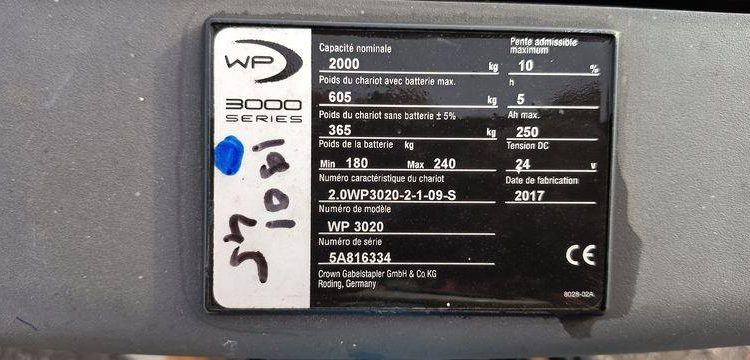 CROWN TRANSPALETTE ELECTRIQUE WP3020 CAPACITE NOMINALE : 2 TONNES – ANNEE 2017  16334