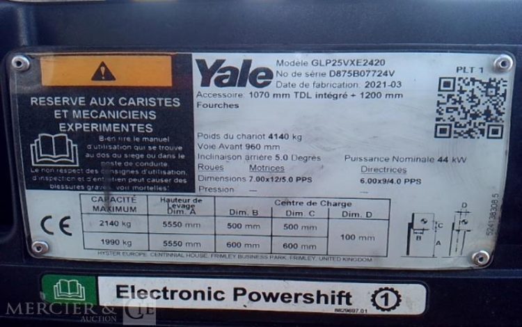 YALE CHARIOT MAT FRONTAL THERMIQUE AVEC PINCE A BALLE GLP25VX 1745H AN2021 JAUNE 7724V