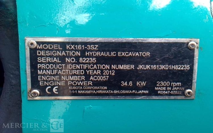 KUBOTA MINI PELLE KX 161-3SZ 1492H 5.7T AN2012 BLEU 82235