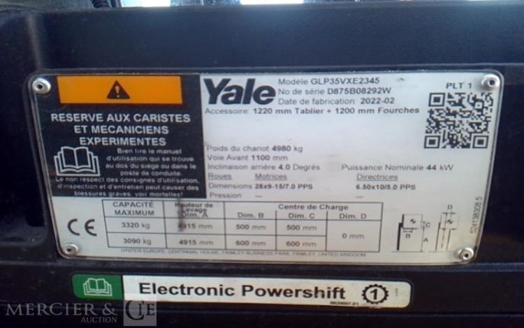 YALE CHARIOT MAT FRONTAL THERMIQUE A GAZ GLP35VX 606H AN2022 JAUNE 8292W