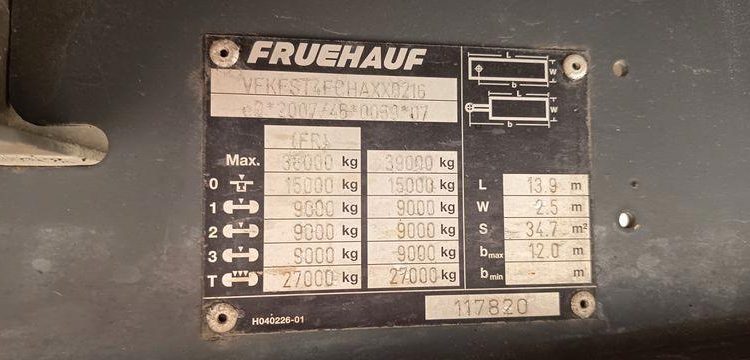 FRUEHAUF SEMI REMORQUE 3 ESSIEUX AVEC HAYON DHOLLANDIA – PTAC : 38 TONNES – ANNEE 2018  EX-396-CP