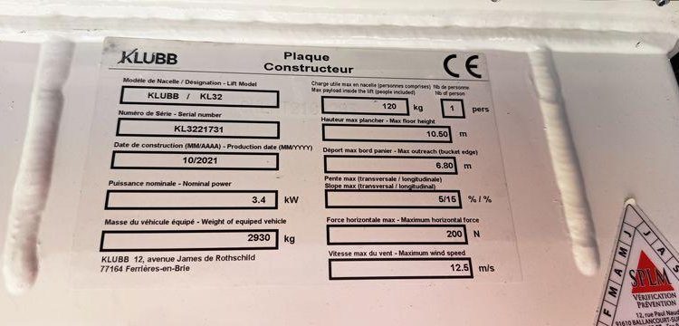RENAULT MASTER AVEC NACELLE KLUBB KL32 / 10 M -DIESEL – 271 HEURES – 29791 KMS – AN 2016 BLANC GC-197-VK