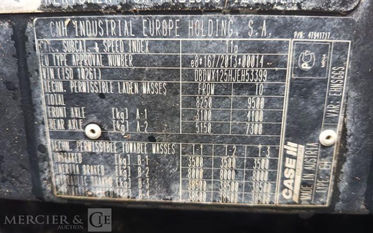 CASE TRACTEUR AGRICOLE EH MAXXUM 125 – DIESEL – 7838 HEURES – ANNEE 2018  FC-211-WE