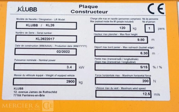 RENAULT MASTER AVEC NACELLE KLUBB/KL26 – 10 M DIESEL – 108 HEURES -2618 KMS – ANNEE 2022  GE-269-YT