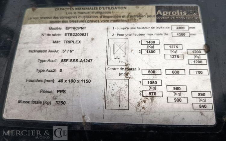 CATERPILLAR CHARIOT ELEVATEUR FRONTAL EP16CPNT -CAPACITE 1,6 TONNES – 8202 H – ANNEE 2015  931