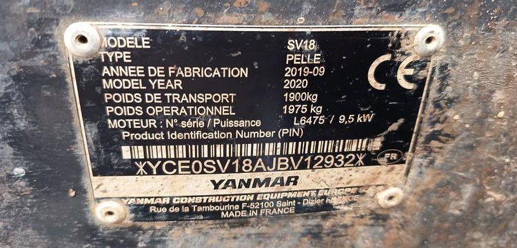 YANMAR MINI PELLE SUR CHENILLES SV18 – DIESEL – 1,9T –  1087 HEURES – ANNEE 2019  12932