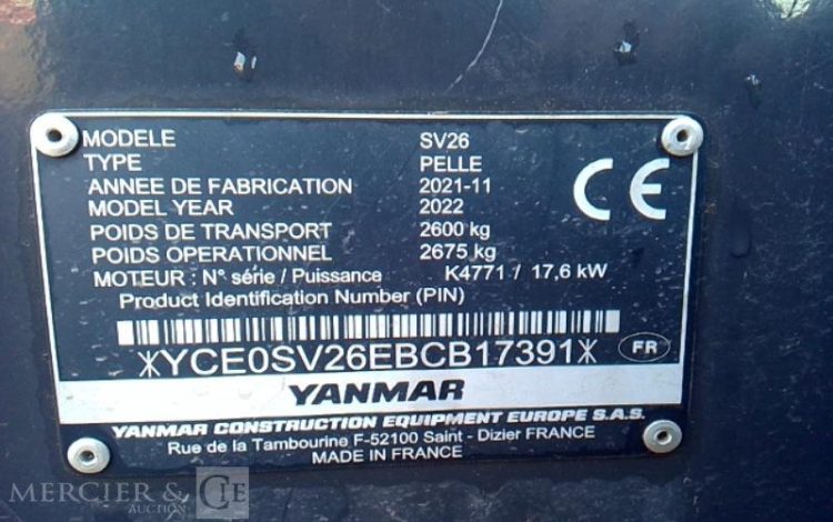 YANMAR MINI PELLE SV26 2T6 196H AN2022 JAUNE 17391