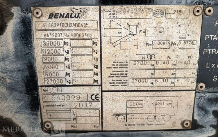 BENALU SEMI REMORQUE BENNE BASCULANTE – 3 ESSIEUX – PTAC 38 TONNES – ANNEE 2017  EQ-235-EH