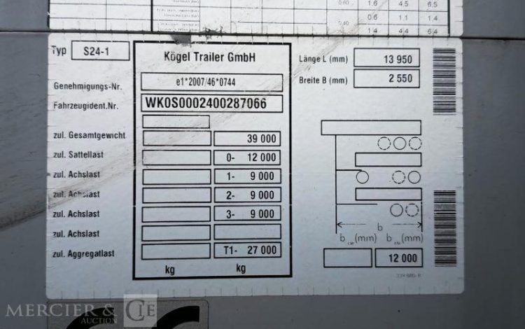 KOGEL SEMI REMORQUE BACHEE 3 ESSIEUX – PTAC : 38 TONNES –  GK-816-DP