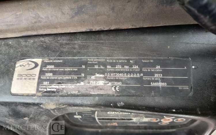 CROWN TRANSPALETTE ELECTRIQUE A PLATEFORME FIXE WT3040 CAPACITE 2 TONNES – ANNEE 2013  5A605993
