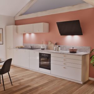 autre Cuisine linéaire  façades blanc et plan de travail effet marbre, marque Oskab  11