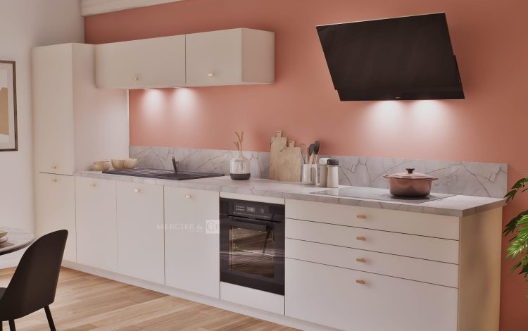 autre Cuisine linéaire  façades blanc et plan de travail effet marbre, marque Oskab  11