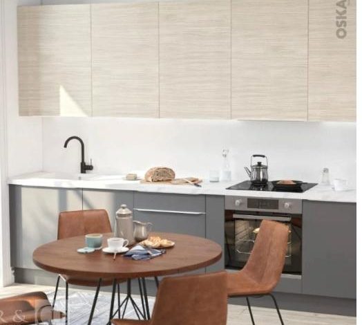 autre Cuisine linéaire  façades bicolores bois clair et gris, marque Oskab  29