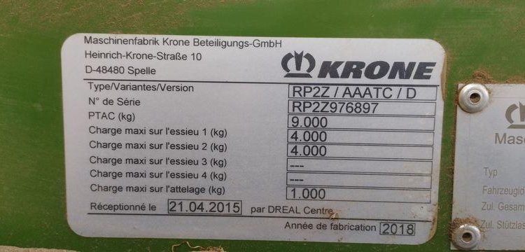 KRONE COMBINE PRESSE ENRUBANNEUSE COMPRIMA CF 155 XC-XTREME- 2 ESSIEUX – PTAC 9 T  76 897