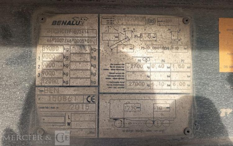BENALU SEMI REMORQUE BENNE TP ALU 3 ESSIEUX – CU : 32,74 TONNES- ANNEE 2015  DP-601-PE