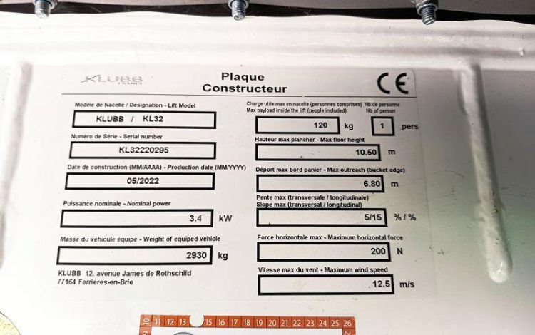 RENAULT MASTER L2H2  NACELLE KLUBB  KL32 – 12 METRES – DIESEL – 680 HEURES – ANNEE 2022 BLANC GG-770-QB