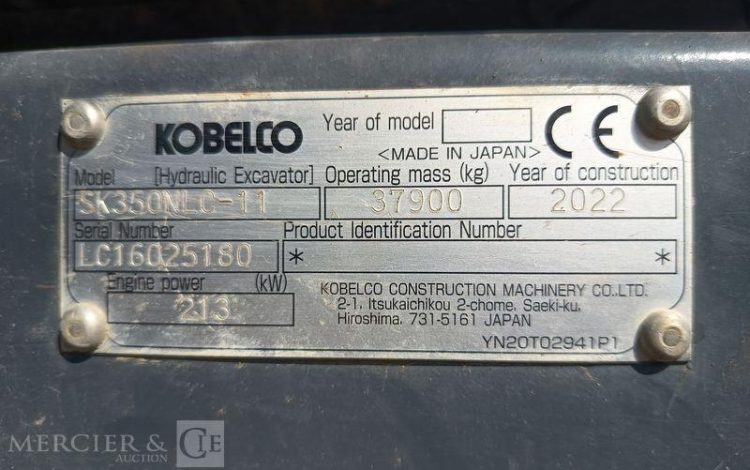 KOBELCO PELLE SUR CHENILLES  SK350NLC-11 – 38 TONNES – DIESEL – 1760 HEURES – ANNEE 2022  25180
