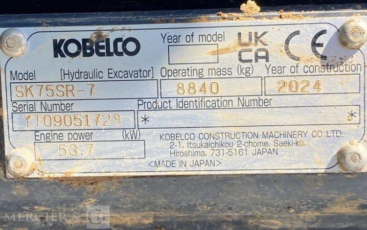 KOBELCO PELLE SUR CHENILLES  SK75SR-7 – 8,8 TONNES – DIESEL – 1061 HEURES – ANNEE 2024  51728