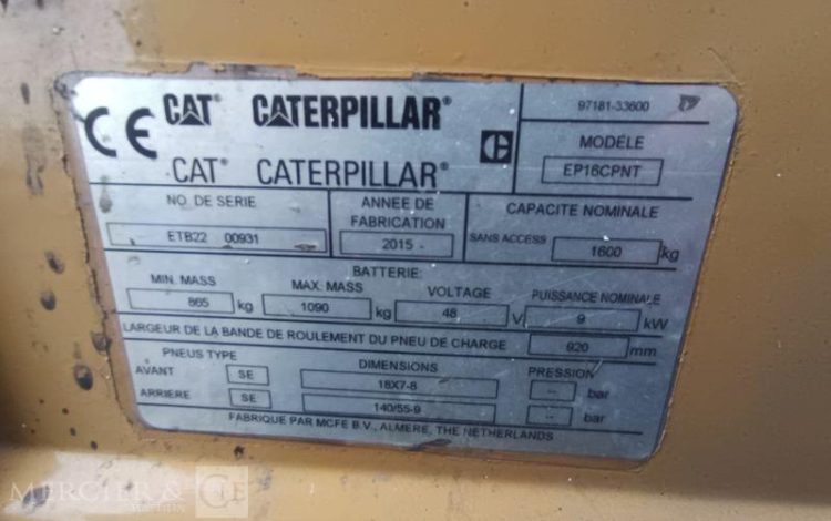 CATERPILLAR CHARIOT ELEVATEUR EP16CPNT FRONTAL ELECTRIQUE – 1,6 TONNES – 8202 H – ANNEE 2015  931
