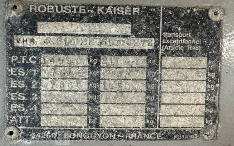 ROBUSTE KAISER PLATEAU R210F1C – 2 ESSIEUX AVEC ESSIEU DIRECTIONNEL – PTAC 14,5T – ANNEE 1995  2737RG76