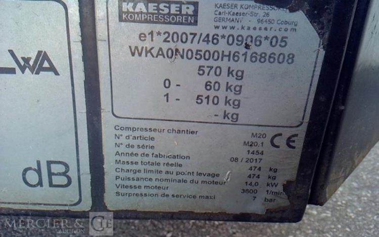 KAESER COMPRESSEUR D AIR M20 2000L/MN 7 BARS 1246H AN2017  EP-900-YE