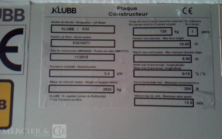 RENAULT MASTER AVEC NACELLE KLUBB K32 12 A 14M  FC-420-BF