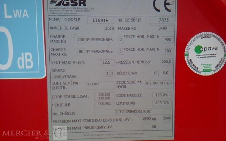 IVECO 35-120  NACELLE  SUR VL GSR 169TR 16M  2736H AN2019 ROUGE FD-340-QA