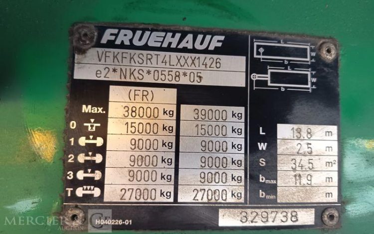 FRUEHAUF SEMI REMORQUE FOURGON AVEC HAYON PALFINGER – 3 ESSIEUX – PTAC 38 T – ANNEE 2020  FR-336-QJ