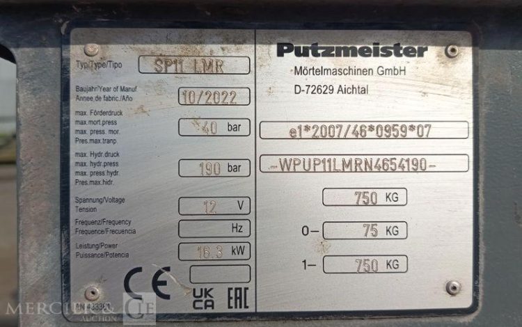 PUTZMEISTER PROJETEUR D&rsquo;ENDUITS SP11 LMR SUR REMORQUE – 750 KGS – 280 HEURES – ANNEE 2022  GS-012-TY