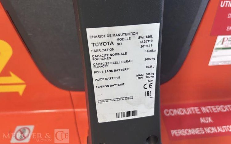 TOYOTA GERBEUR ELEC SWE140L – CAP 1T40 – AN 2018 – 1917 HEURES ORA 625.319
