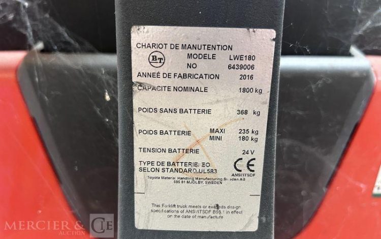 BT TRANSPALETTE ELECTRIQUE – LWE180 – CAP 1T8 – AN 2016 ROUGE 6.439.006