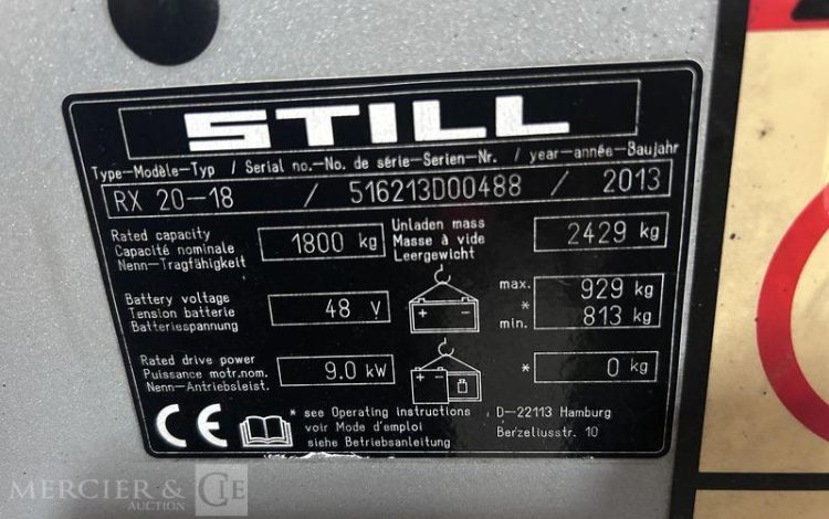 STILL CHARIOT ELEVATEUR ELEC RX20-18 – CAP 1T8 – AN 2013 – 4814 HEURES GRIS D00488