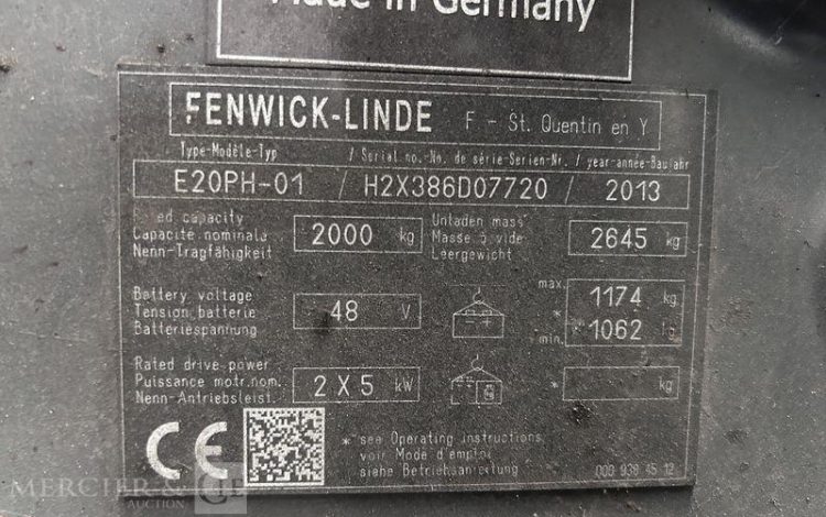 FENWICK CHARIOT ELEVATEUR ELEC E20PH-01 – CAP 2T – AN 2013 – 5134 HEURES ROUGE D07720